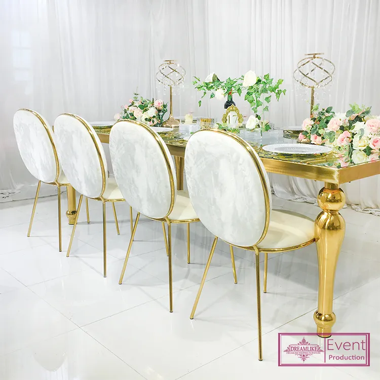 Antigo cadeira de jantar de aço inoxidável de ouro de couro branco para o casamento e hotel
