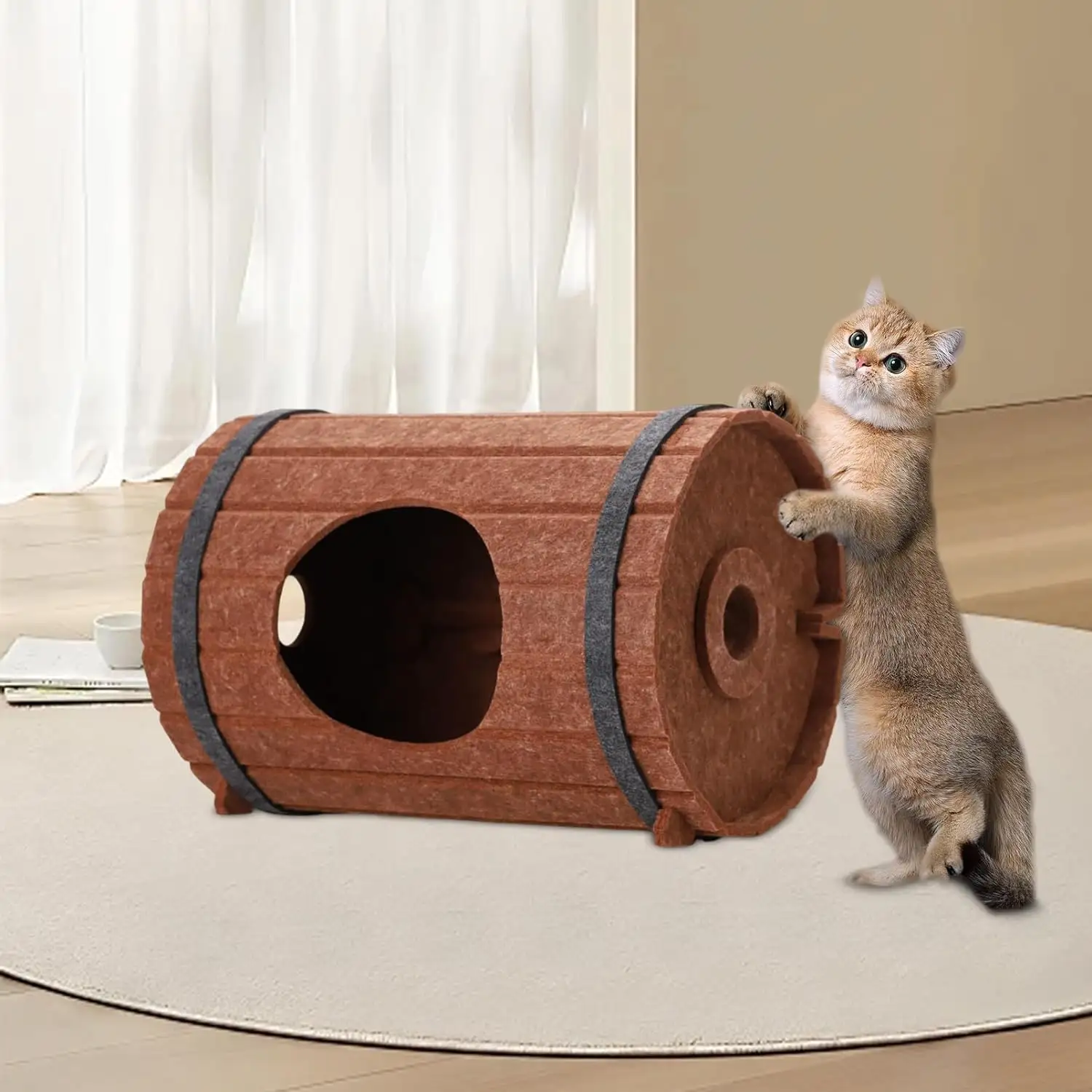 GeerDuo Pet Wine Barril em forma de cama de gato dobrável removível resistente a arranhões para gatos de interior