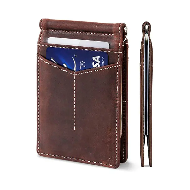 Carteira compacta rfid de couro legítimo, compacta e dobrável, carteira masculina feita em couro legítimo e com prendedor de dinheiro