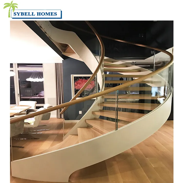 Escaleras curvadas de acero inoxidable con rodadura de roble, casa residencial prefabricada, escalera helicoidal