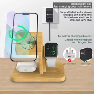 スリーインワン竹ワイヤレス充電15Wデスクトップ携帯電話ホルダーApple用多機能磁気ワイヤレス充電器 - Product Image 5