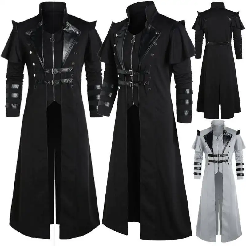 Costumes de Cosplay de dessin animé médiéval BAIGE vêtements pour hommes, veste longue noire Vintage gothique Steampunk Trench Noble Knight