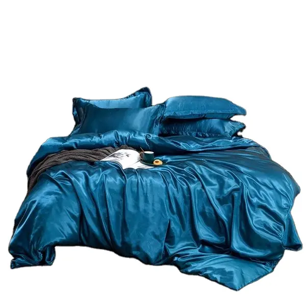 ヨーロピアンスタイルの高級サテンシルクホテル美しい絶妙なプレーン寝具セットベッドシーツシルキーサテン羽毛布団セット