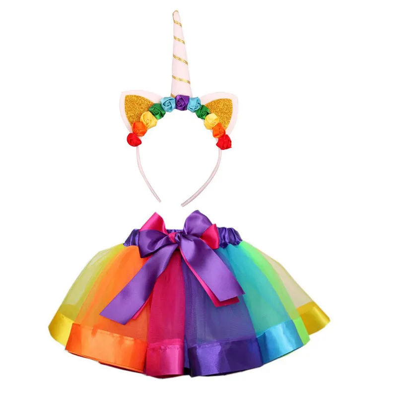 Kit de disfraces para niñas, falda de tutú de arcoíris de tul y Diadema de unicornio, disfraces de fiesta de cumpleaños