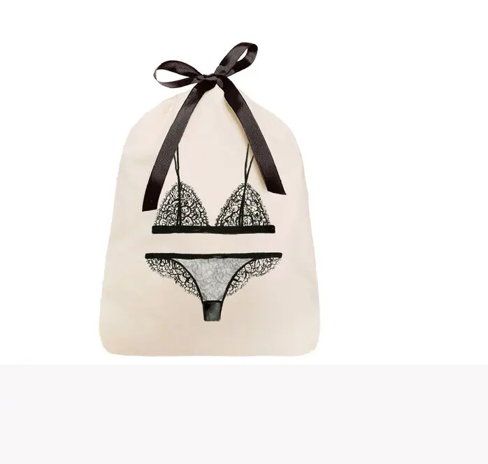Bolsa de viagem de lingerie reutilizável com cordão de algodão orgânico natural personalizada com fita de cetim