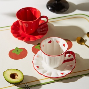 <strong>love</strong> Gift Breakfast Tea Milk <strong>Cup</strong> with Plate Korean Style Red Heart Pattern 200ML Ceramic Coffee Mug Saucer Set - Product Image 1