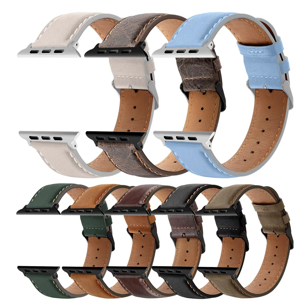 Correa de cuero de lujo genuino RYB para Apple Watch Series 7 8 9, correa de cuero vintage hecha a mano para Apple Watch