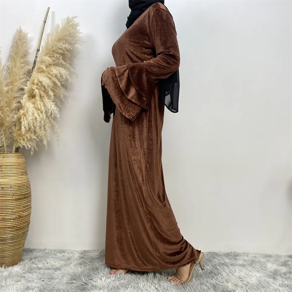 Hiver Trois couches Manches amples Mode Elégant Sparkle Warm Winter Velvet Dress Islamic Dubai Muslim Abaya Dress