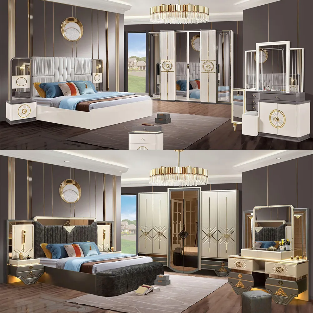 Juegos de cama de cuero tamaño King de lujo de diseño moderno, habitación principal doble clásica, juego de muebles de dormitorio de madera Mdf completo
