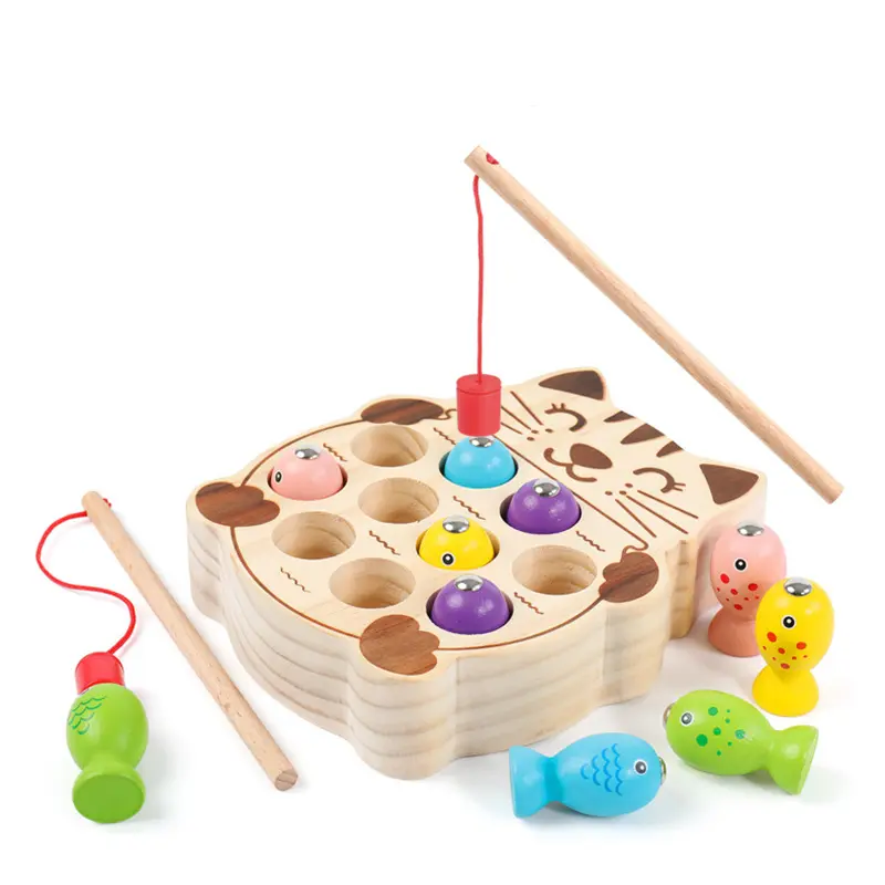 Juguetes de pesca de madera para bebés, juego educativo magnético Montessori interactivo para padres e hijos, gato, dinosaurio, Rana, pesca