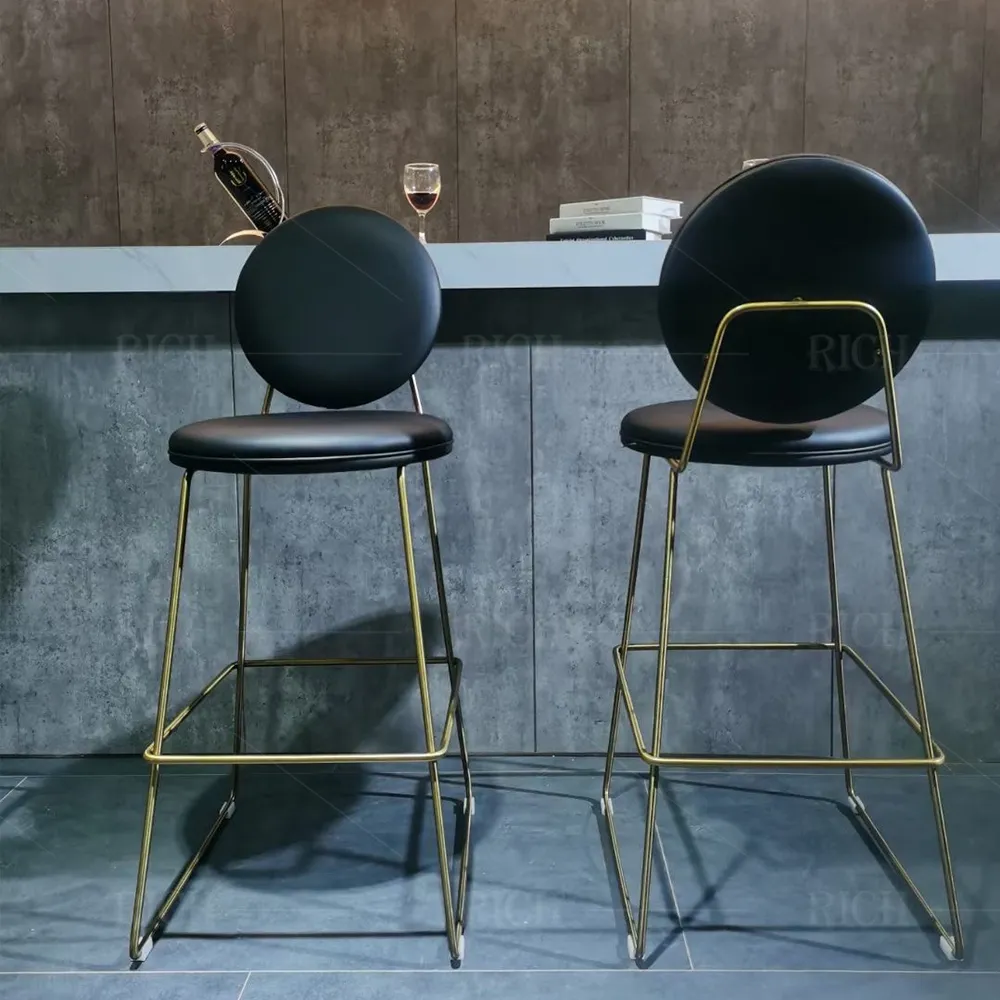 Deri yuvarlak geri barstool tezgah tabure modern pu deri koltuk bar sandalyesi altın paslanmaz çelik bar taburesi sandalye