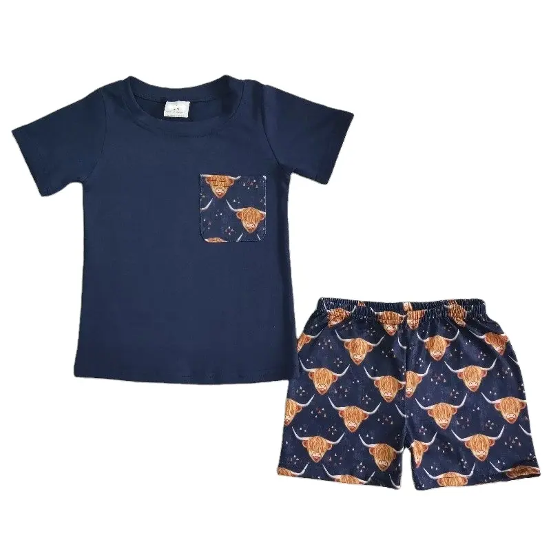Wholesale Western Cow Baby Boy Summer Clothing Pocket Navy Blue Shirt Highland Shorts Children Boutique Kid Set Fashion Outfit