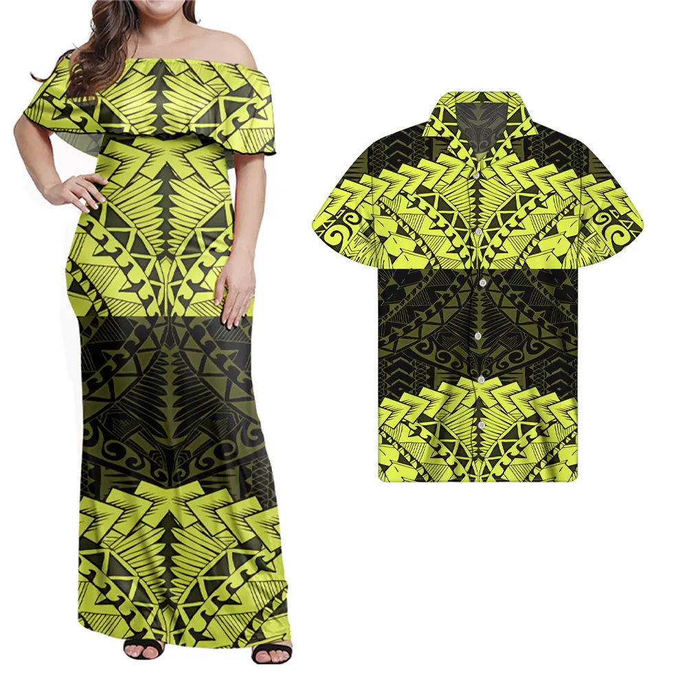 Alta-qualità Samoan Vestito di Vestito Polinesiana Tribale Della Banda Della Stampa Femminile Foglia di Loto Vestito Dalla Spalla Con La Camicia Coppia Suit