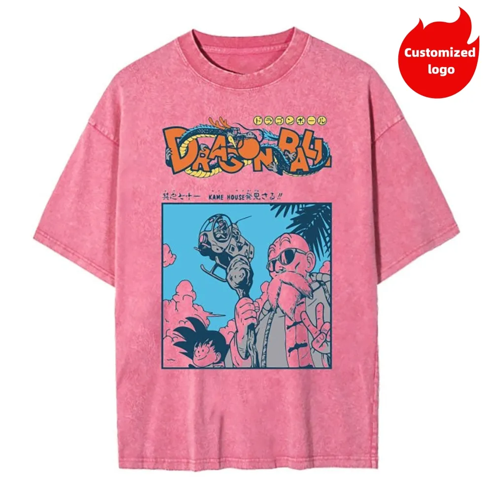 Kaus Anime Vintage uniseks 100% katun kosong kualitas tinggi bahu kelas berat dengan Logo Pink Acid Wash