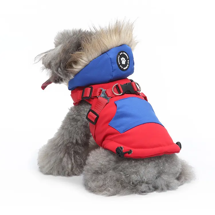 冬のペットアパレル暖かい犬の服毛皮の襟フード付きハーネスジャケットジッパー犬のジャケットポケット付き