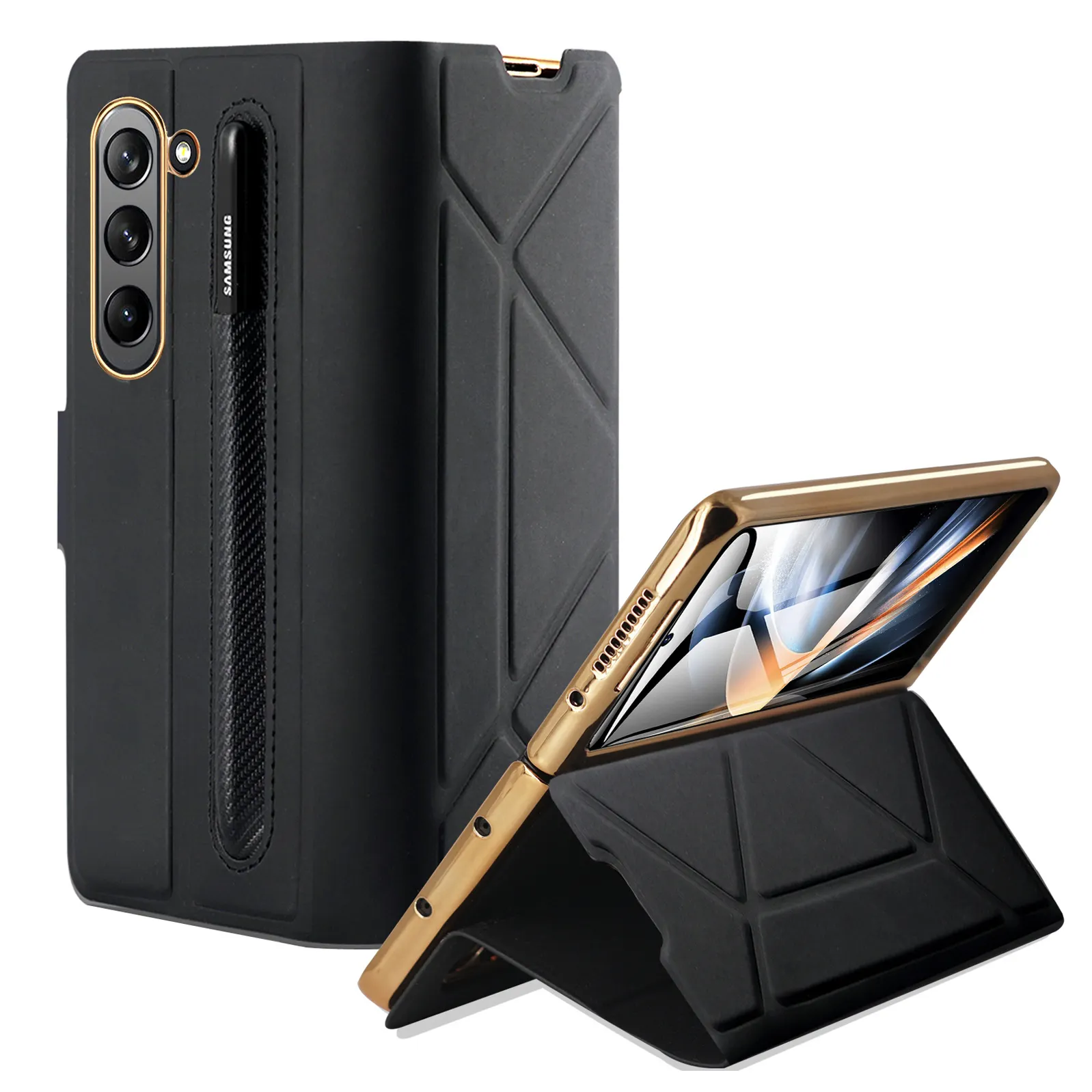 Étui à rabat magnétique en cuir pour Samsung Galaxy Z Fold 5 avec couvercle de protection en verre trempé à l'avant Fold 4 Fold 3 2 Pen Slot Case