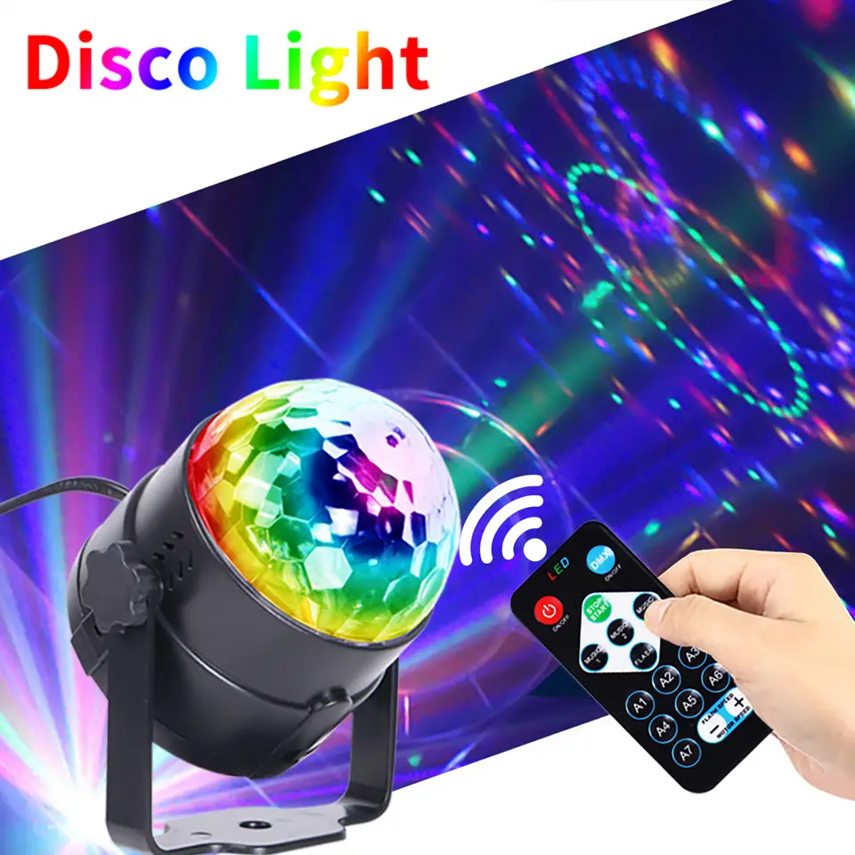 Bola de discoteca giratoria activada por sonido, luces de fiesta para DJ, 3W, LED RGB, luces de escenario para Navidad, boda, sonido, envío directo