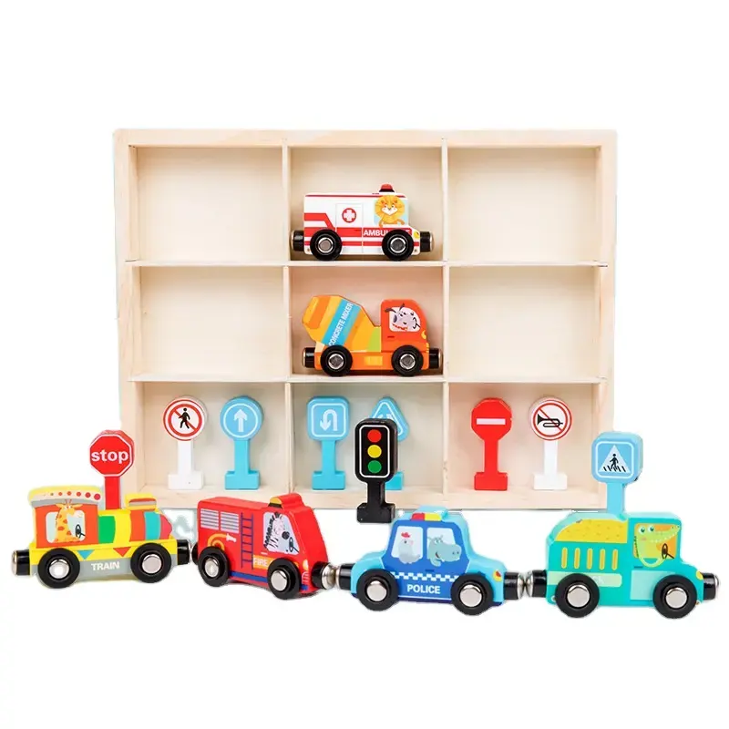 2023 Novo Design Caixa De Madeira Magnético Tráfego Train Brinquedo Para Crianças Atividade Veículo Box Set Transporte Rua Sinal Jogo