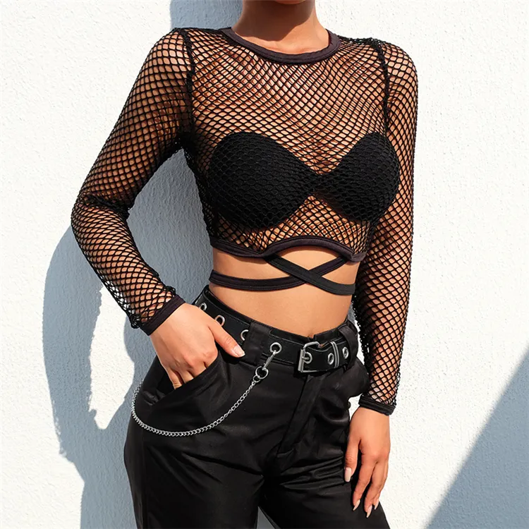 Camiseta preta de verão transparente, blusas piercing rede de malha top para mulheres