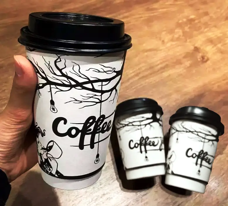 Copos de café personalizados descartáveis, copos de papel do café da parede dupla com tampas, copos descartáveis de café com tampas