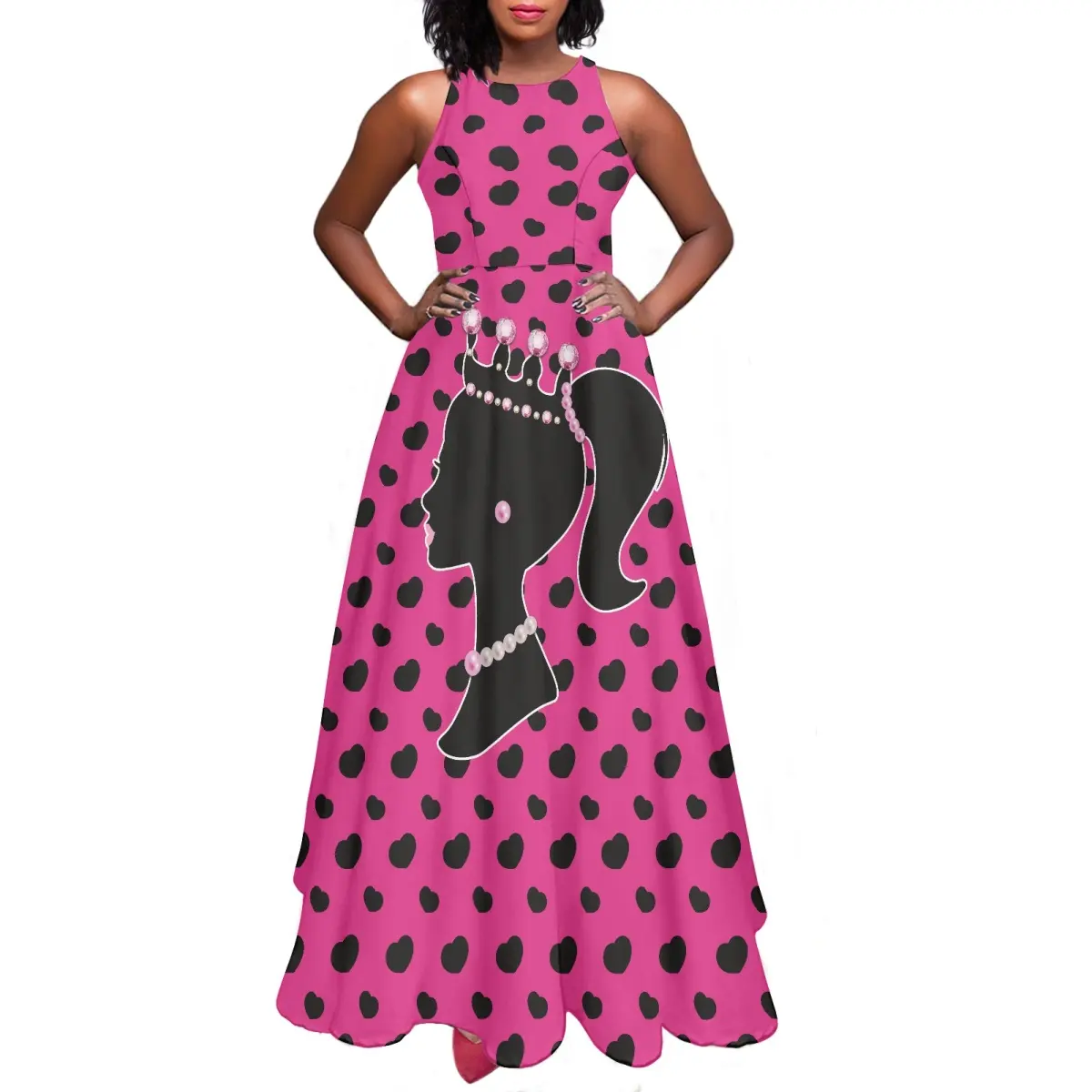Dark Pink Black Heart Sleeveless Dress For Women Clothing Manufacturers Crown Queen Designs Long Dresses Brand New Ladies Dress