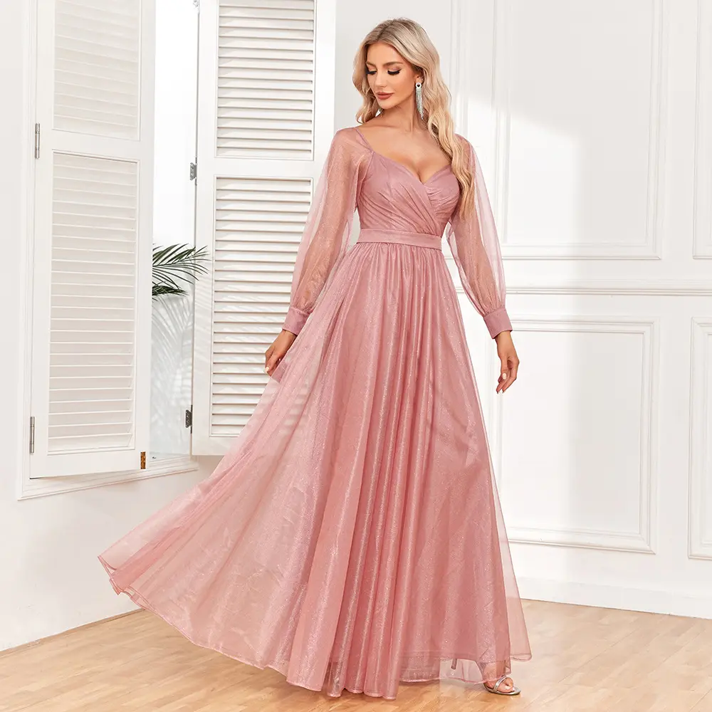 TW00100 abiti da sposa di lusso eleganti abiti da sera manica lunga plissettata lucida fodera trasparente rosa abiti da damigella d'onore