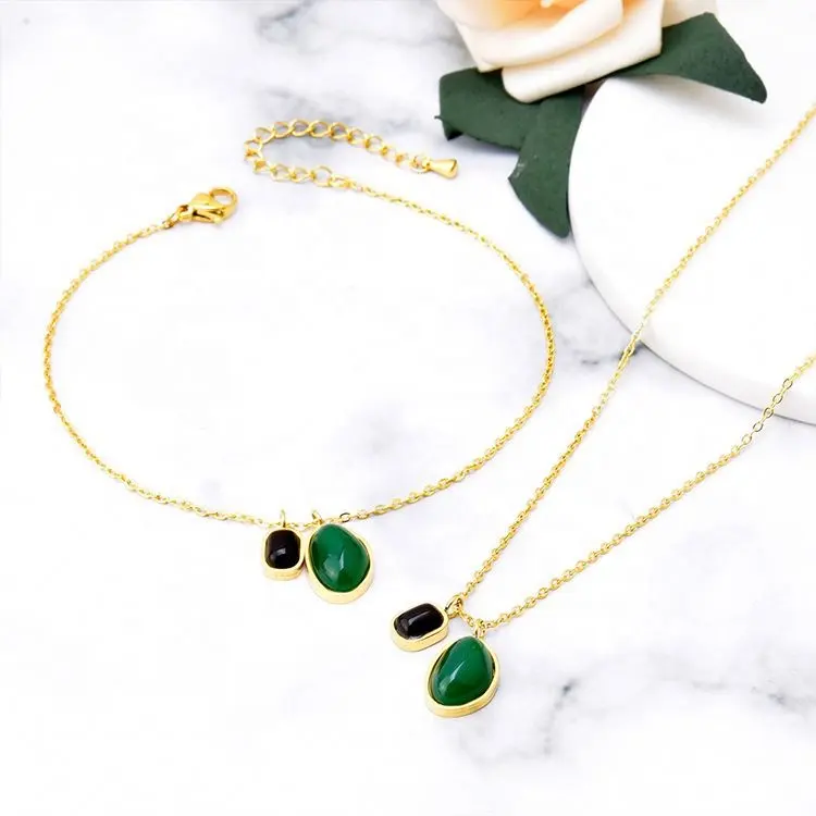 Cavigliera geometrica ovale verde smeraldo onice nero diamanti collana pendente in acciaio inossidabile Set di gioielli