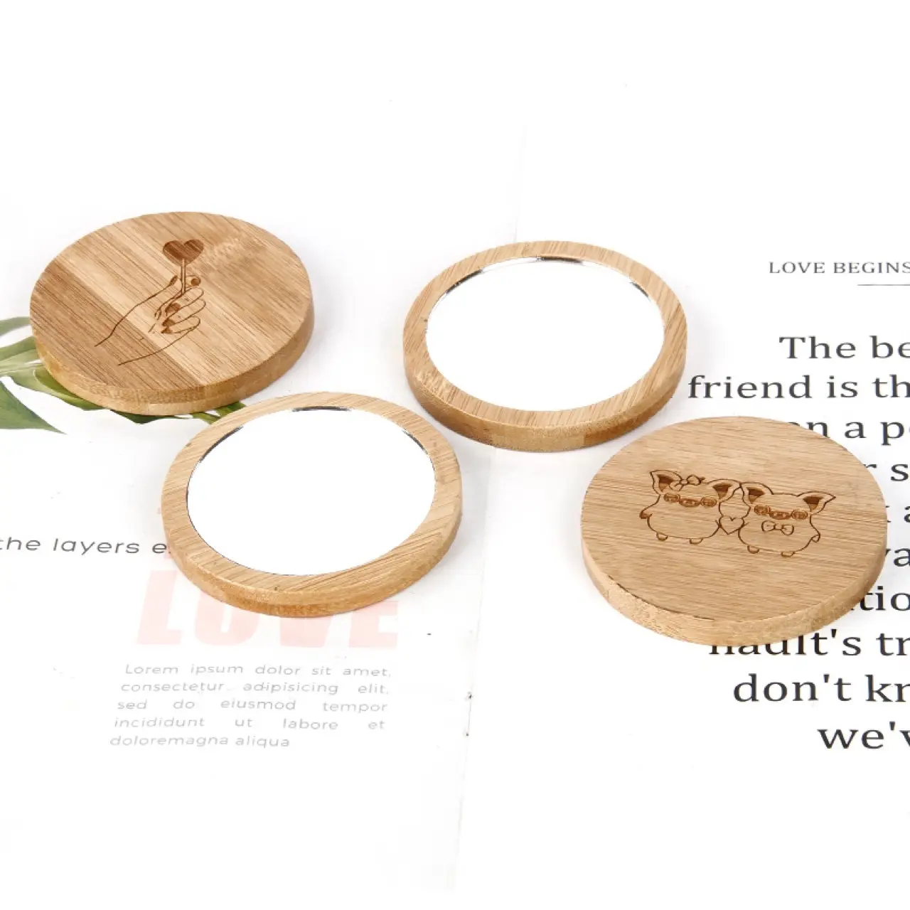 Fabriek Directe Prijs Mini Bamboe Materiaal Spiegel, Logo Aangepaste Mini Ronde Bamboe Spiegel