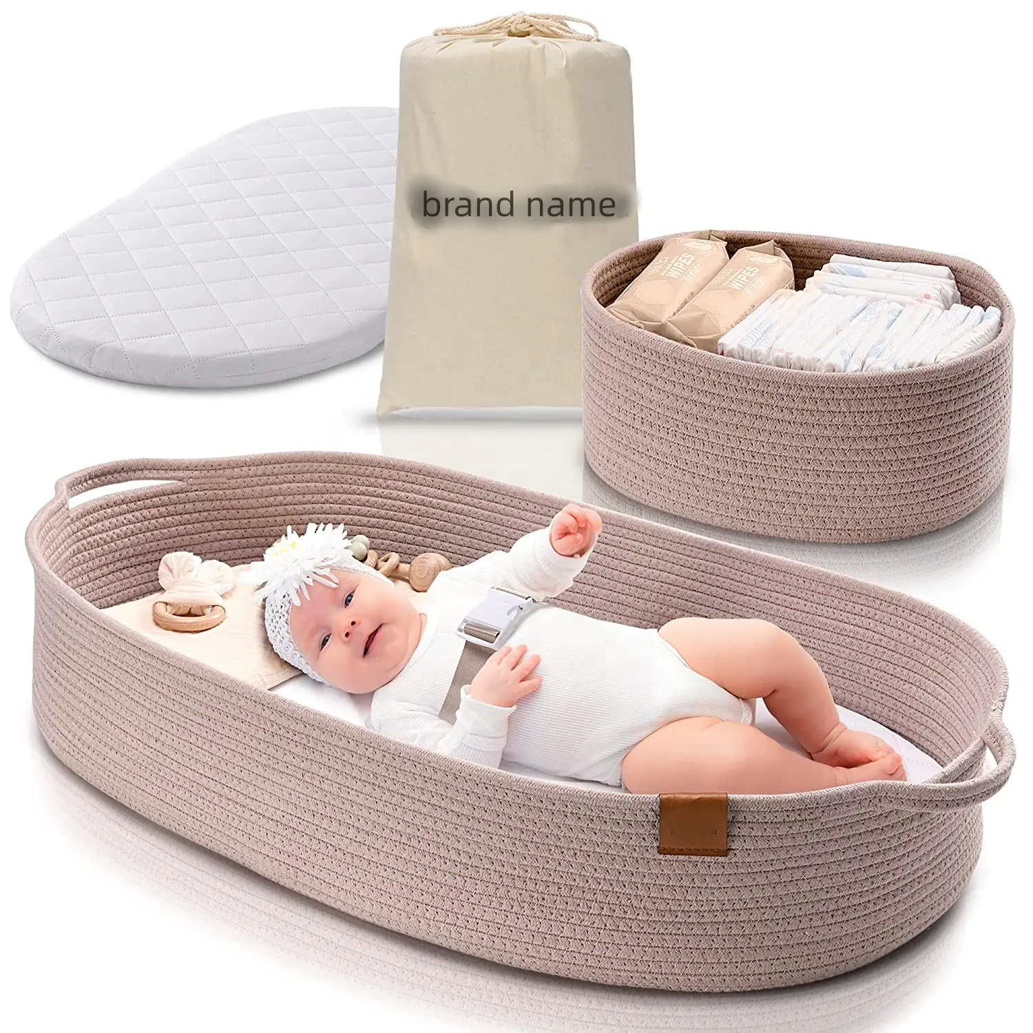 Corde en coton de couleur pure décorer panier bébé douche bébé moïse panier literie avec coussin en mousse imperméable et petit panier à couches