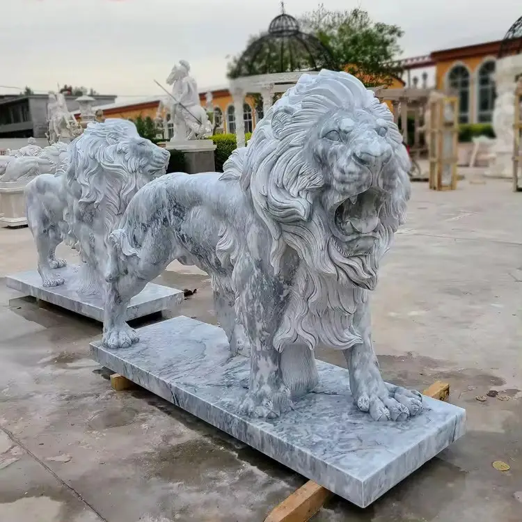 Sculpture d'animal décorative d'extérieur Sculpture de lion en marbre blanc Sculpture de lion couché en pierre Statue