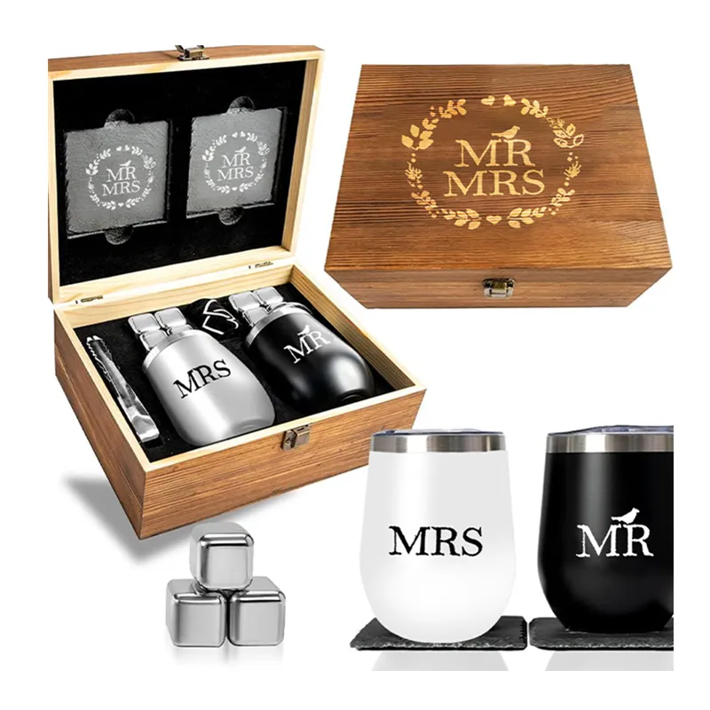 Aço inoxidável Wine Tumblers Senhor E Senhora Com Gravado Caixa De Lembrança De Madeira Presente Presentes De Casamento Romântico Para Casal Recém-Casado