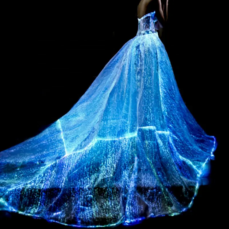 Vestido de novia de fibra óptica de tela luminosa con luz LED que brilla en la oscuridad