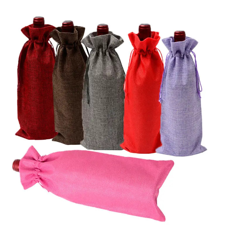 Özel Logo kişiselleştirilmiş çuval bezi jüt keten şarap şişesi çanta sevgililer günü festivali parti dekorasyon İpli hediye toz torbası