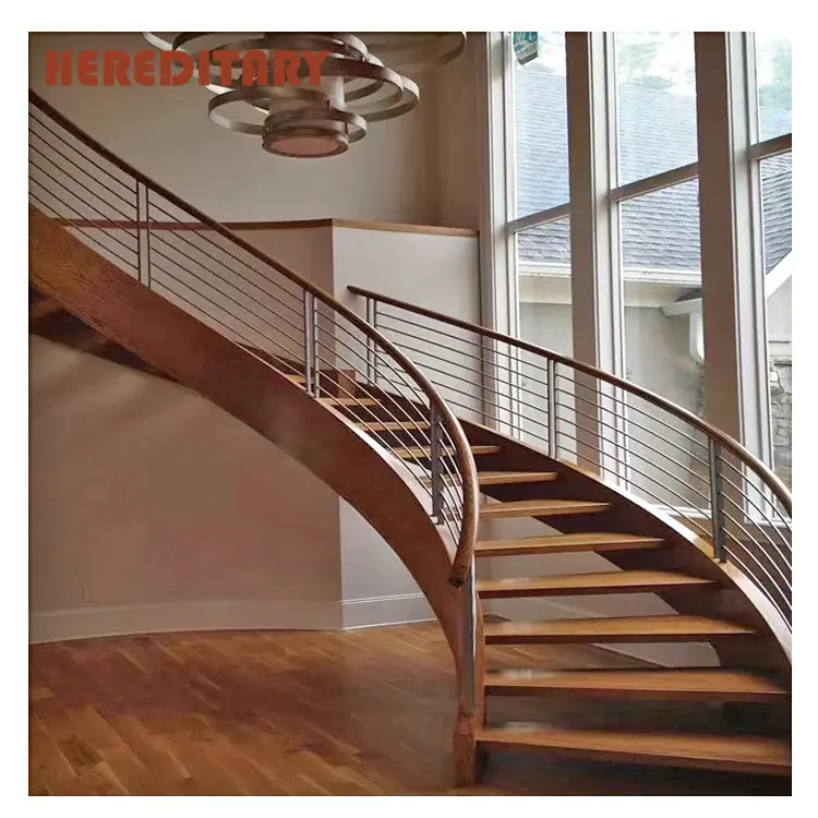 Escaleras curvadas de hierro forjado para interiores, con barandillas de aluminio, diseño de parrilla para escaleras de madera