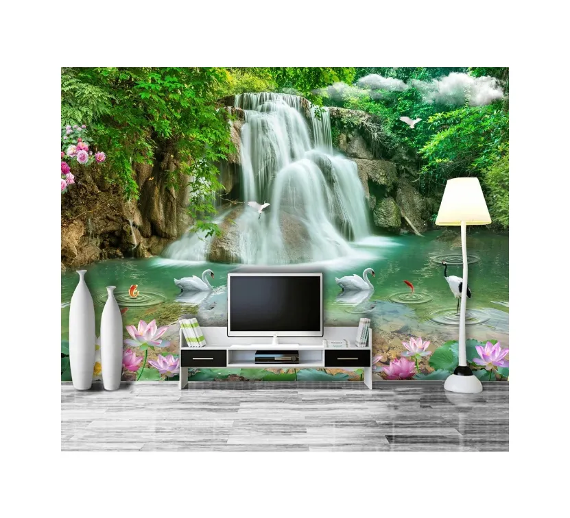 Papel tapiz de vinilo de PVC autoadhesivo, tamaño personalizado, paisaje de cascada, mural