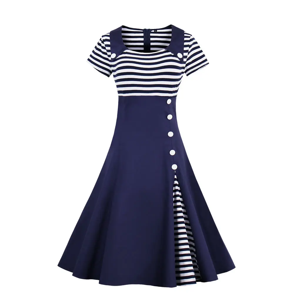 MXN 1528 Damen Baumwolle bequem freizeitkleid navyblau Knopfleiste gestreift vintage Kleid Übergröße Freizeitkleid für Damen