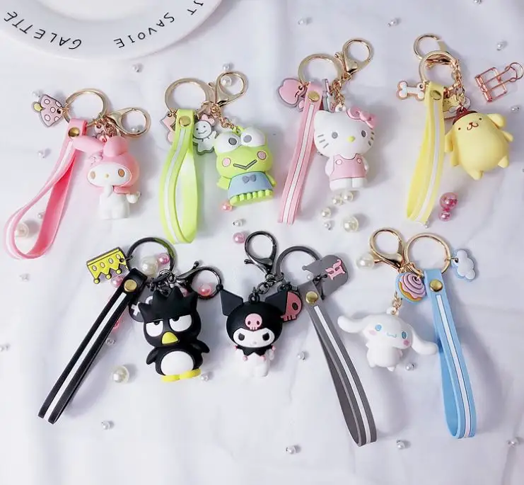 Porte-clés Kuromi Sanrio en silicone à boucle d'oreille, pendentif, mignon, en dessin animé, Kawaii, chien grenouille, Pudding, chien, pingouin