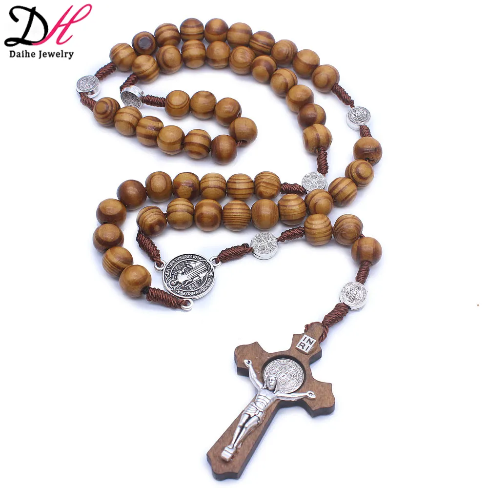 Collier chapelet catholique personnalisé, collier avec croix en bois fait à la main, bijoux religieux