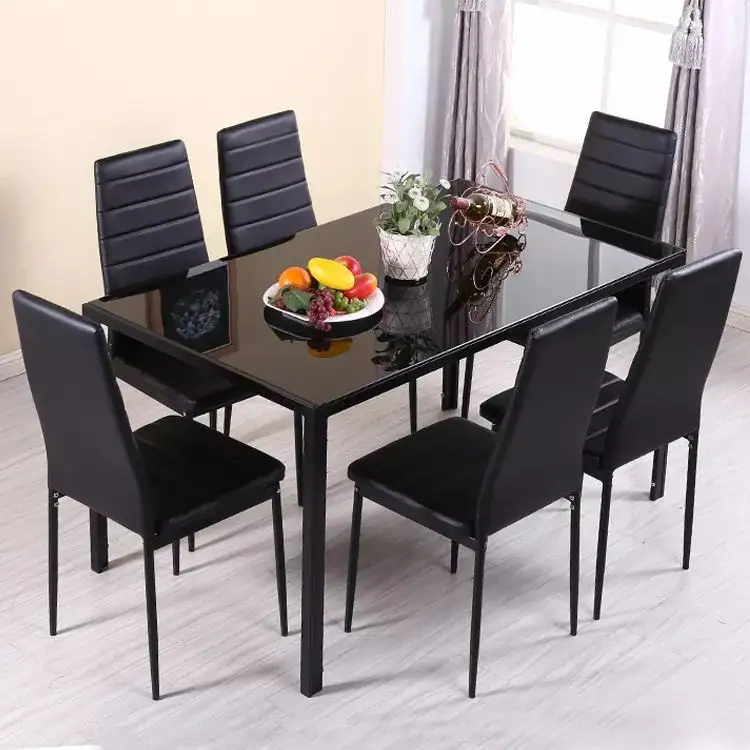 Set tavolo da pranzo campione gratuito Classic 4/6 Seat Modern Fiber Square Glass Top gamba in metallo e sedia imbottita in PU Set tavolo da pranzo