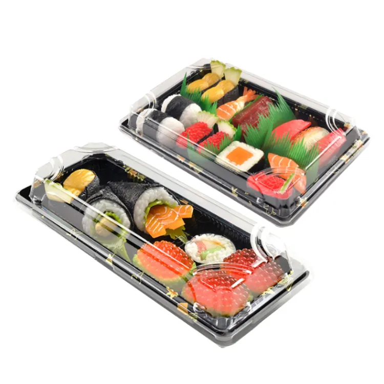 Boîte d'emballage en plastique pour sushi, à emporter, jetable, prix d'usine, emballage alimentaire à emporter avec couvercle transparent imprimé sur mesure