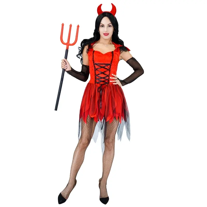 Vestido de Diablo rojo con cuerno para mujer, Cosplay de fiesta de Halloween, disfraz del diablo para adulto