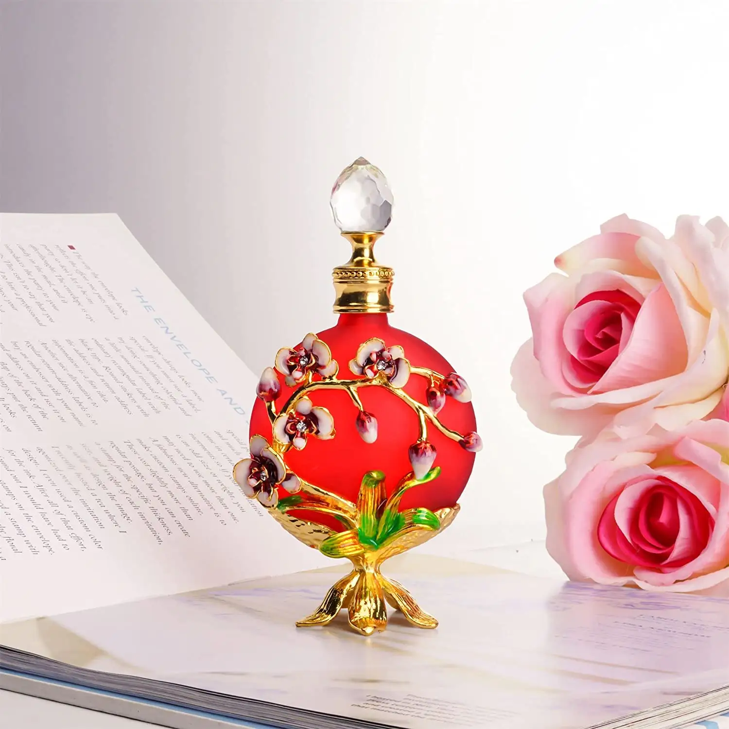 Bouteille de parfum en verre de fleur rouge 30ML bouteilles de décanteur de parfum en cristal décoratives rechargeables vides