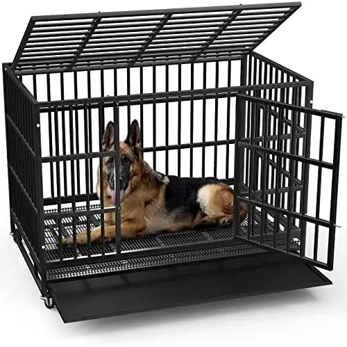 Gaiola de ferro para cachorro, venda por atacado de fio de ferro dupla porta casa para animais de estimação pesada gaiola com rodas