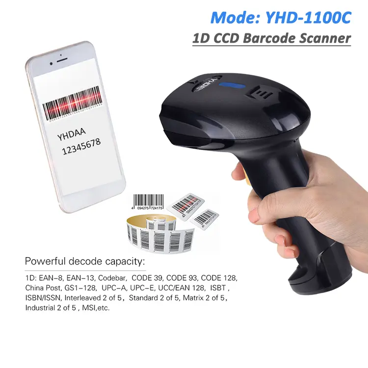 YHDAA Scan Handheld USB 1D Barcode Scanner with Stand Wired CCD Bar Code Reader for Pc System Store Supermarket