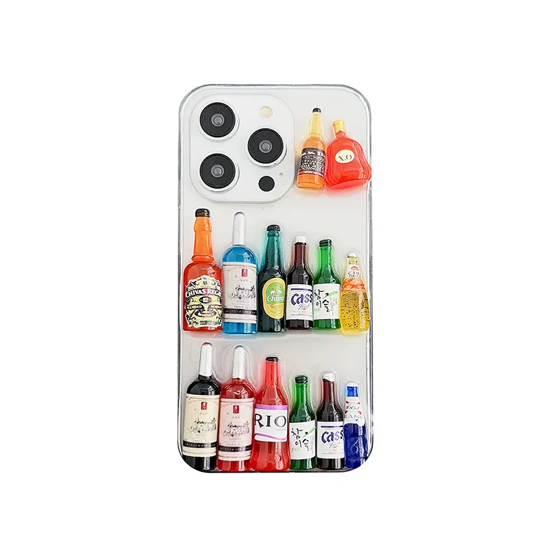 Capa de vidro transparente para celular iPhone 15 12 XS Max XR 7 8 Plus Pro Max Fashion 3D garrafa de vinho e cerveja transparente à prova de choque