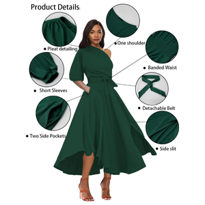 Kadın zarif kapalı omuz kısa kollu kuşaklı yan yarık kokteyl parti askı elbise cepler ile - Product Image 2