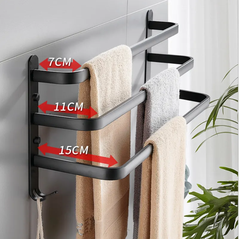 Matte màu đen giữ khăn với móc khăn Bar phụ kiện phòng tắm Wall Mount nhôm Rack khăn