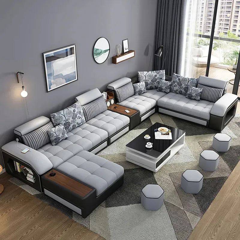 Modern Design Waterproof Fabric Wooden Classic Blue Floor Hotel 7 Seater Sectional Sofa Set Furniture Couch Living Room Sofas