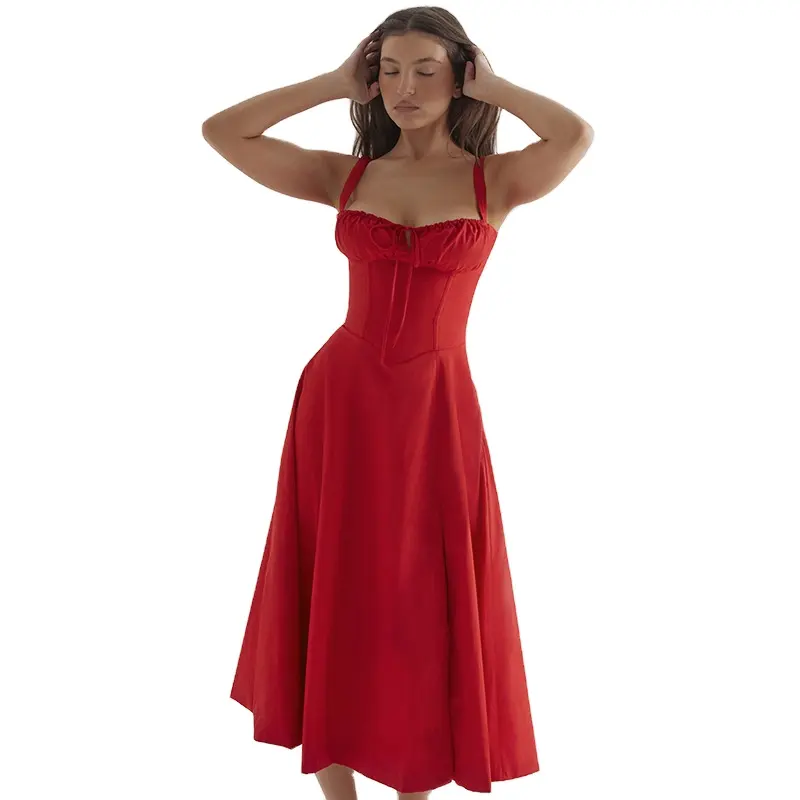 Boskims verano vestido rojo A-LINE vestido Slit sólido sin mangas cuello en V Maxi vestido nuevo diseño de moda mujeres Sexy
