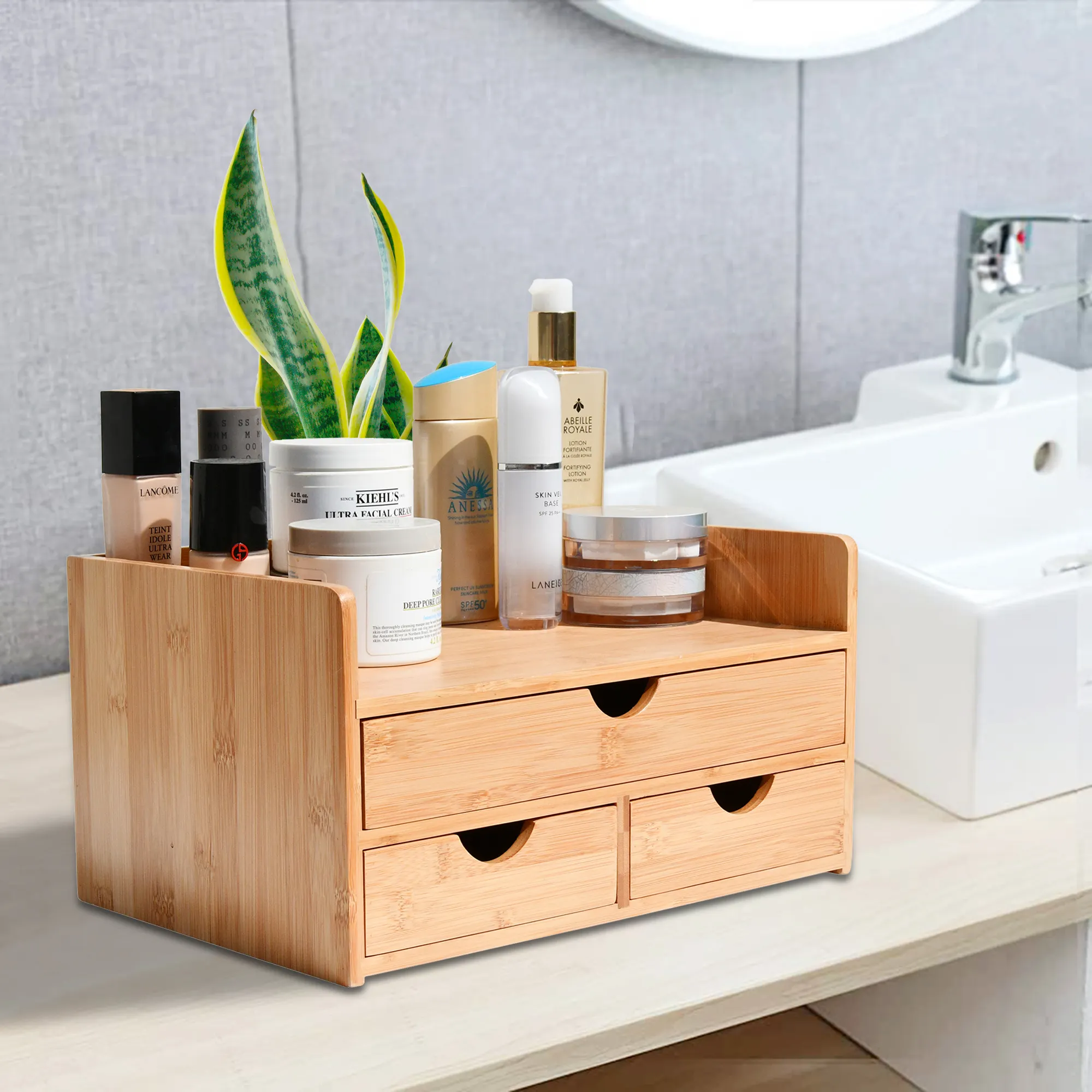 Modern Premium Natural Bamboo Cosmetic Makeup Desktop Storage Box Organizer With Drawer, Sundries Storage Bins